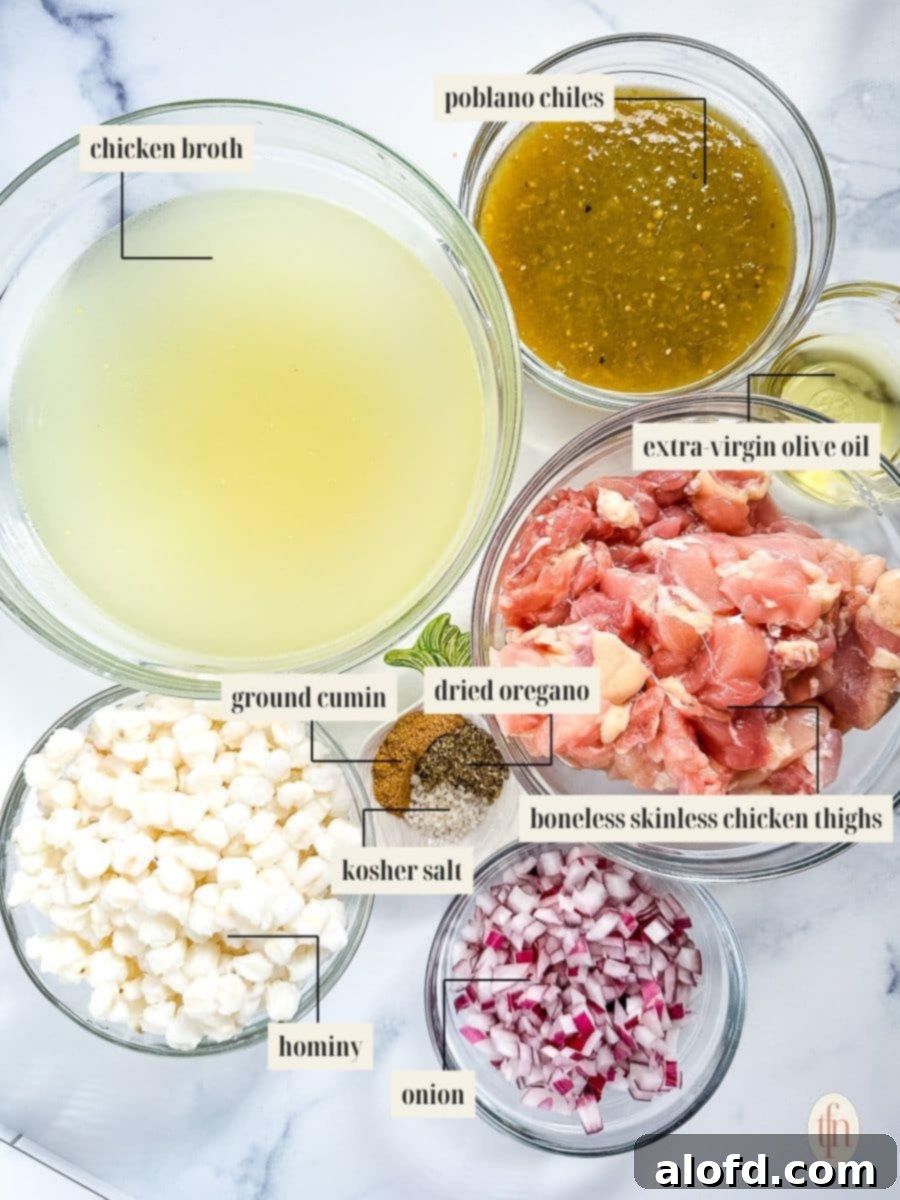 Speedy Instant Pot Pozole 4 A carefully arranged display of fresh ingredients for Instant Pot Pozole, including vibrant tomatillos, poblano chiles, garlic, onion, and chicken thighs.