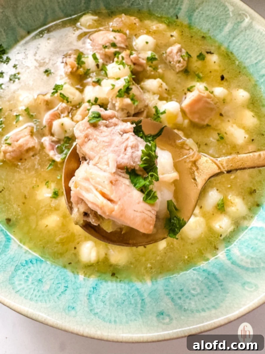 Speedy Instant Pot Pozole 5 A close-up shot of a spoonful of rich and hearty Instant Pot Chicken Pozole, showcasing the tender chicken, plump hominy, and vibrant green broth.
