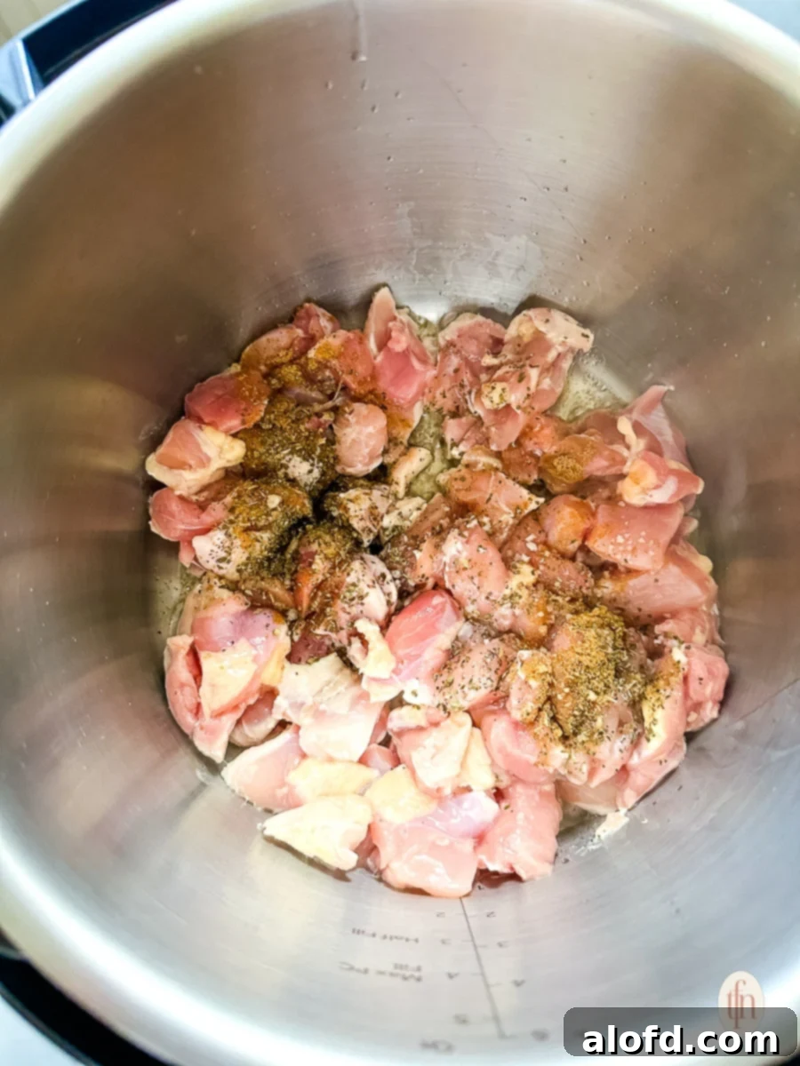 Speedy Instant Pot Pozole 6 Raw, seasoned chicken pieces arranged neatly inside an Instant Pot, ready for sautéing.