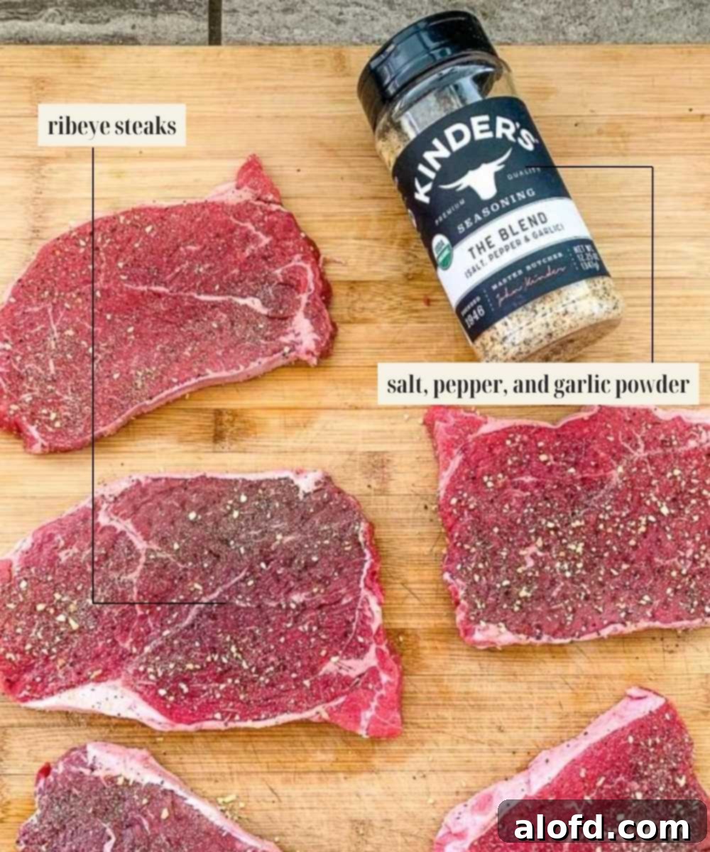 Sizzling Steaks on the Blackstone Griddle 4 Labeled ingredients image for steak on Blackstone.