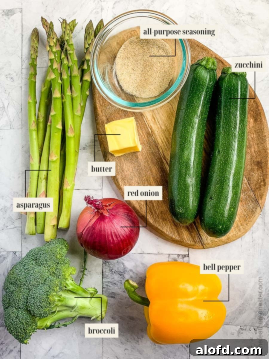 Vibrant Blackstone Veggies 5 A visual guide to the essential ingredients needed for the Blackstone vegetables recipe, featuring various vegetables, oil, butter, and seasoning.