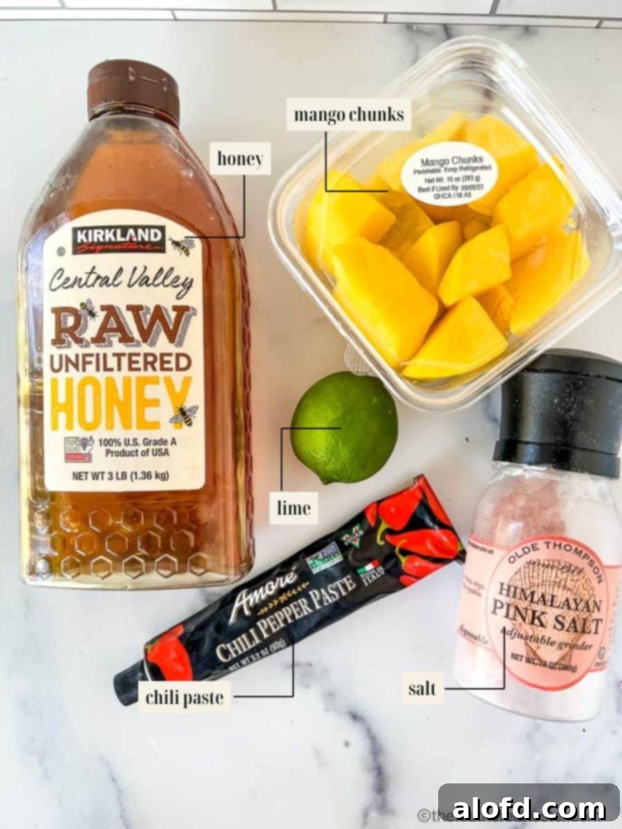 Labeled ingredients for making fresh mango sauce, including vibrant mango chunks, zesty lime, golden honey, spicy chili paste, and a pinch of salt.