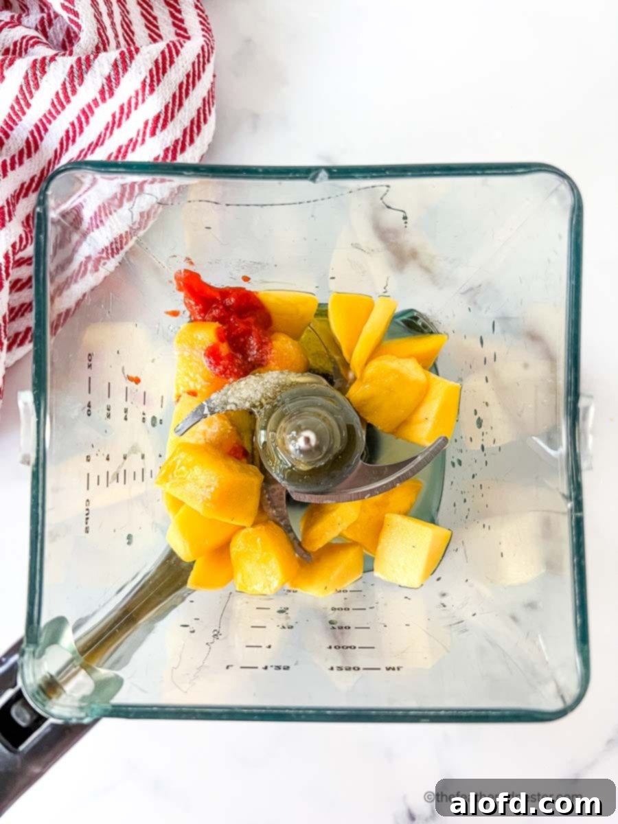 Chili paste and tropical mango chunks, along with other essential ingredients, being carefully added to a blender for making the sauce.