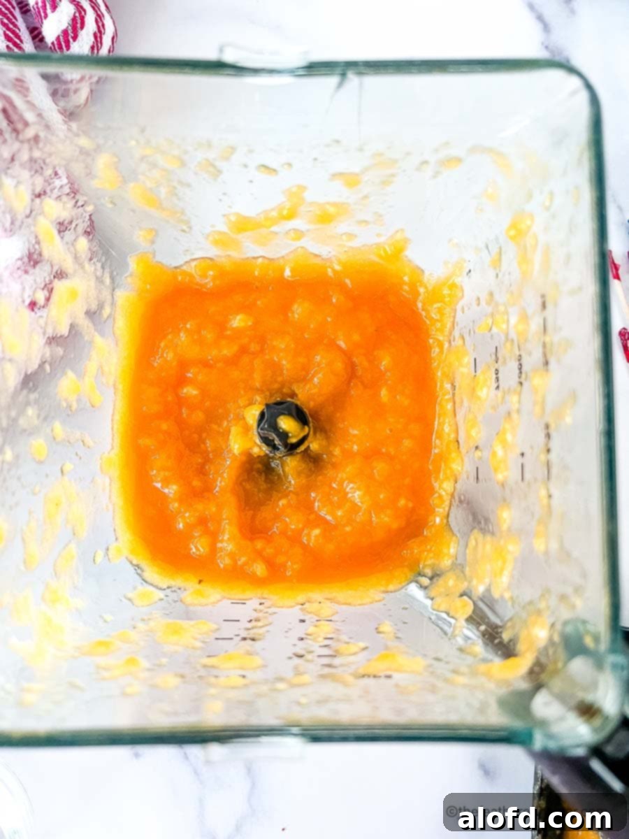 Vibrant spicy mango dipping sauce blended perfectly smooth in the blender carafe, highlighting its ideal consistency and readiness.