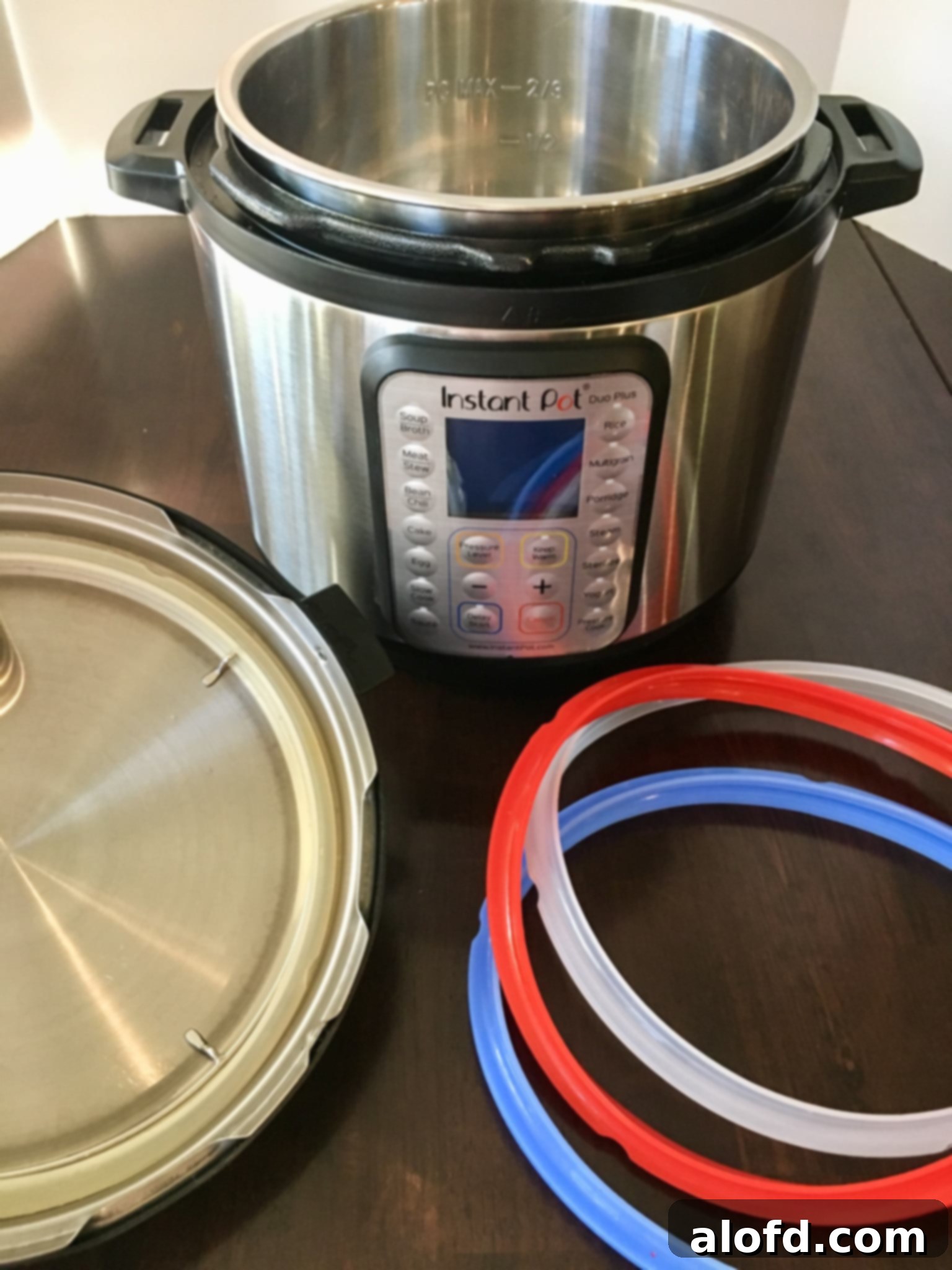 This photo illustrates the supplies used for basics of pressure cooking, including an Instant Pot, inner pot, and lid components.