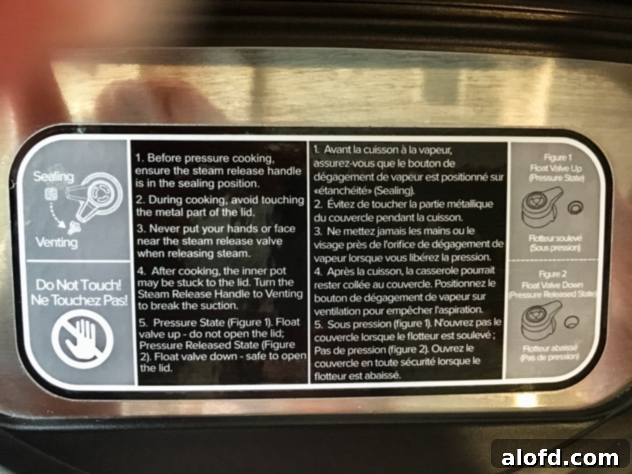 Instructional warning label of instant pot, emphasizing safety guidelines for new users.