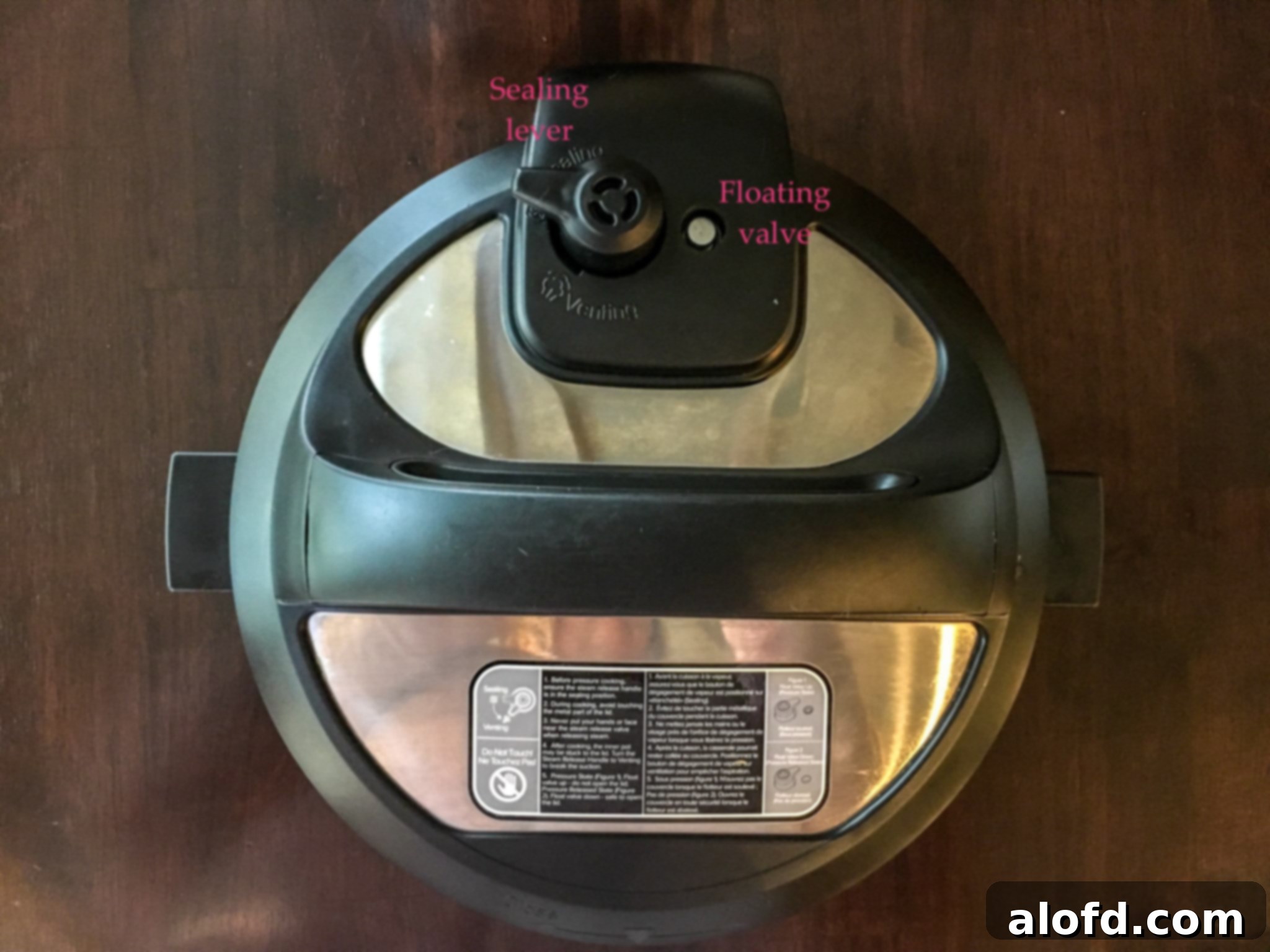 Close-up view of the Instant Pot lid, showcasing the steam release handle and float valve.