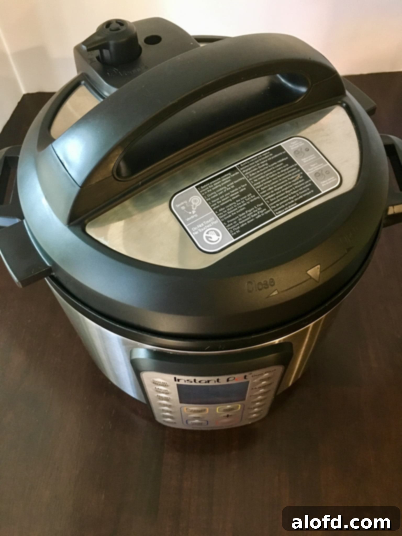 Overhead view of the Instant Pot, showing how the lid aligns for locking.