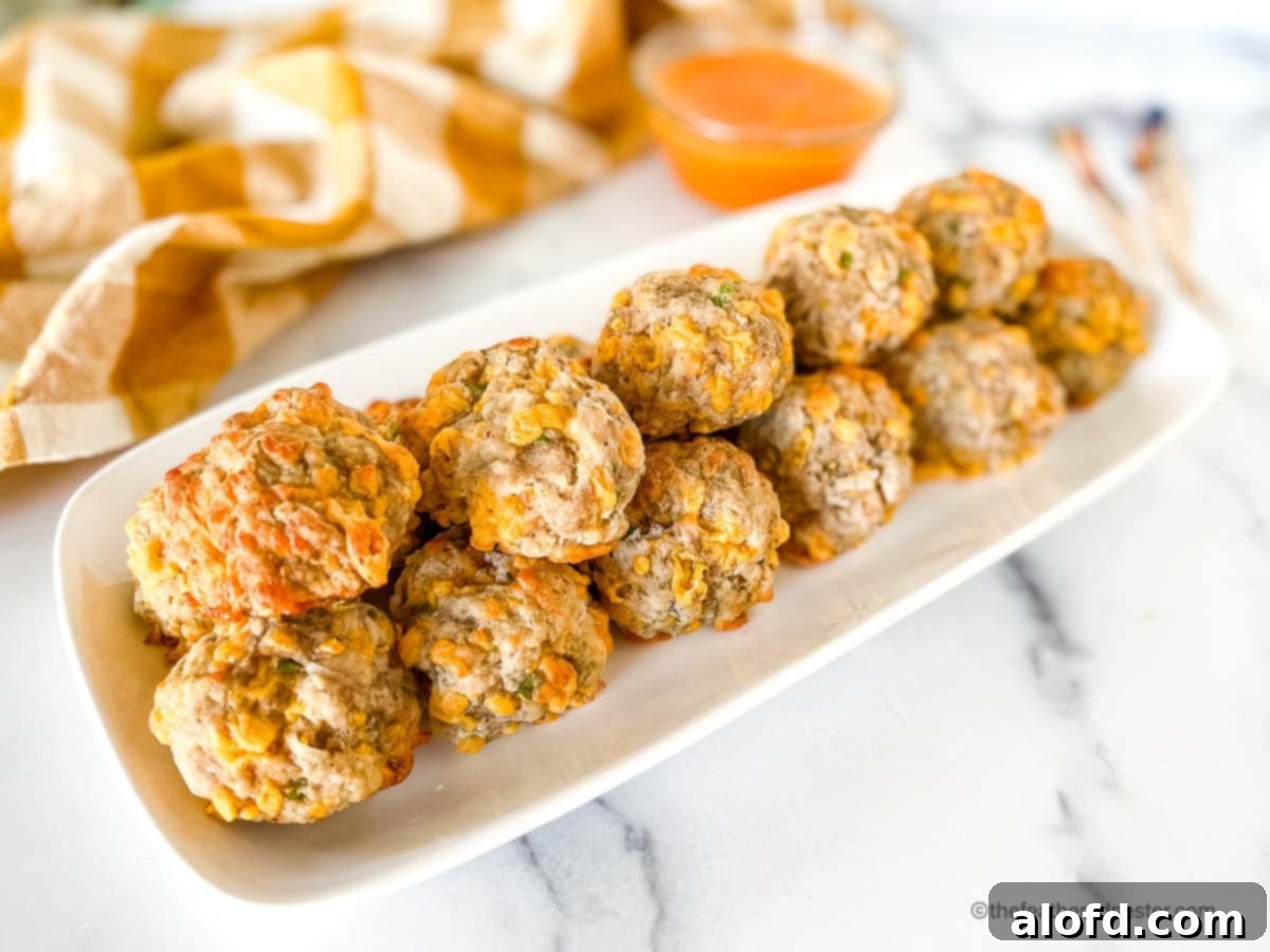 Savory Turkey Sausage Bites 7 Baked bite-sized appetizer meatballs on a white serving platter.