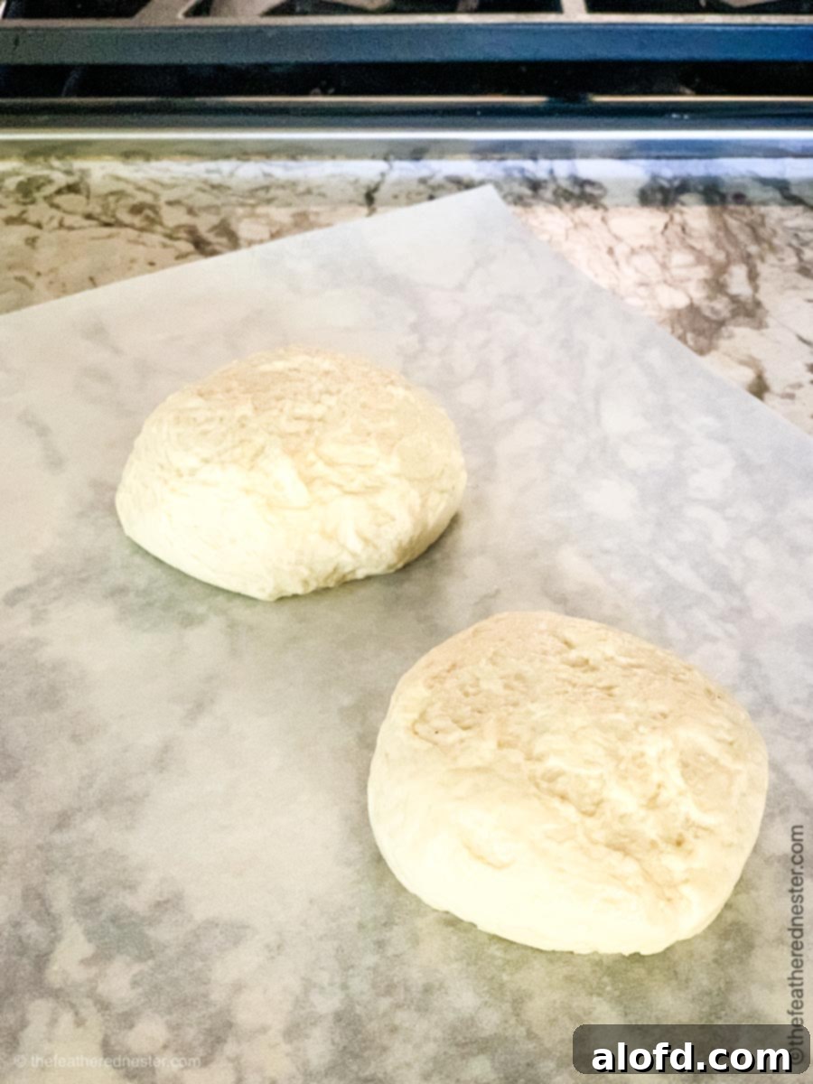 Mastering Pizza Dough Freezing for Future Feasts 5 Two pizza dough balls laid out on a sheet of parchment paper.