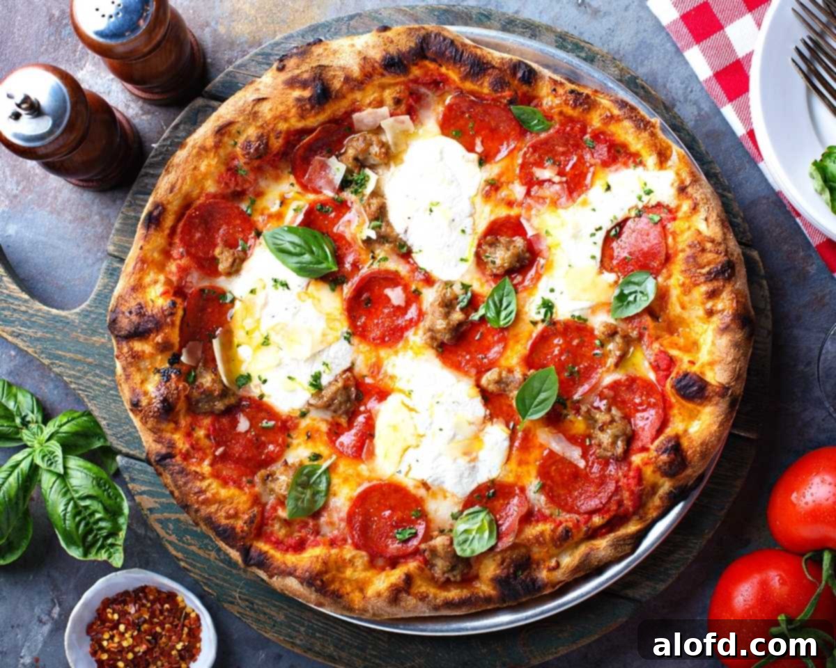 Mastering Pizza Dough Freezing for Future Feasts 9 Baked pizza crust topped with spices, cheese, pepperoni and tomatoes.