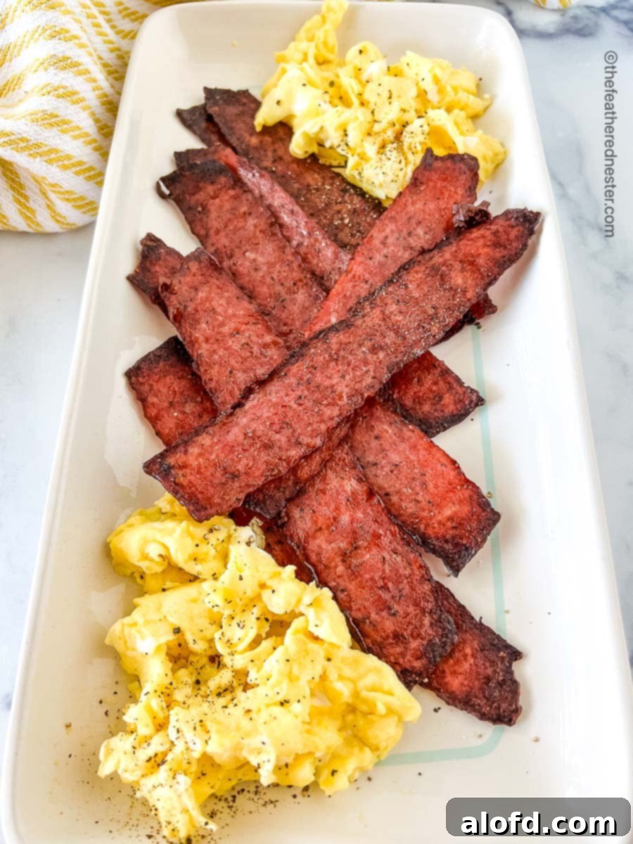 Crispy Oven Turkey Bacon 3 a white platter with turkey bacon and scrambled eggs.
