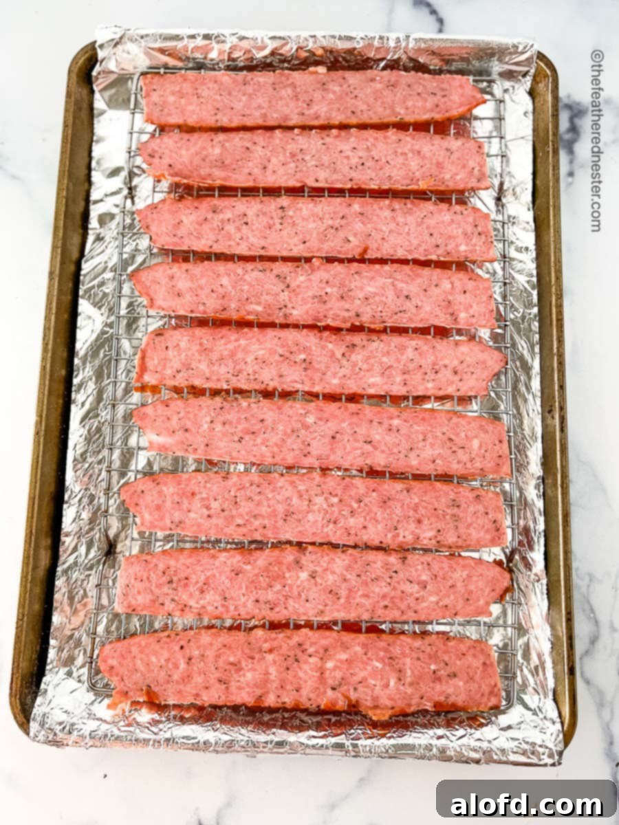 Crispy Oven Turkey Bacon 5 a baking rack over a baking sheet lined with foil and strips of turkey bacon.