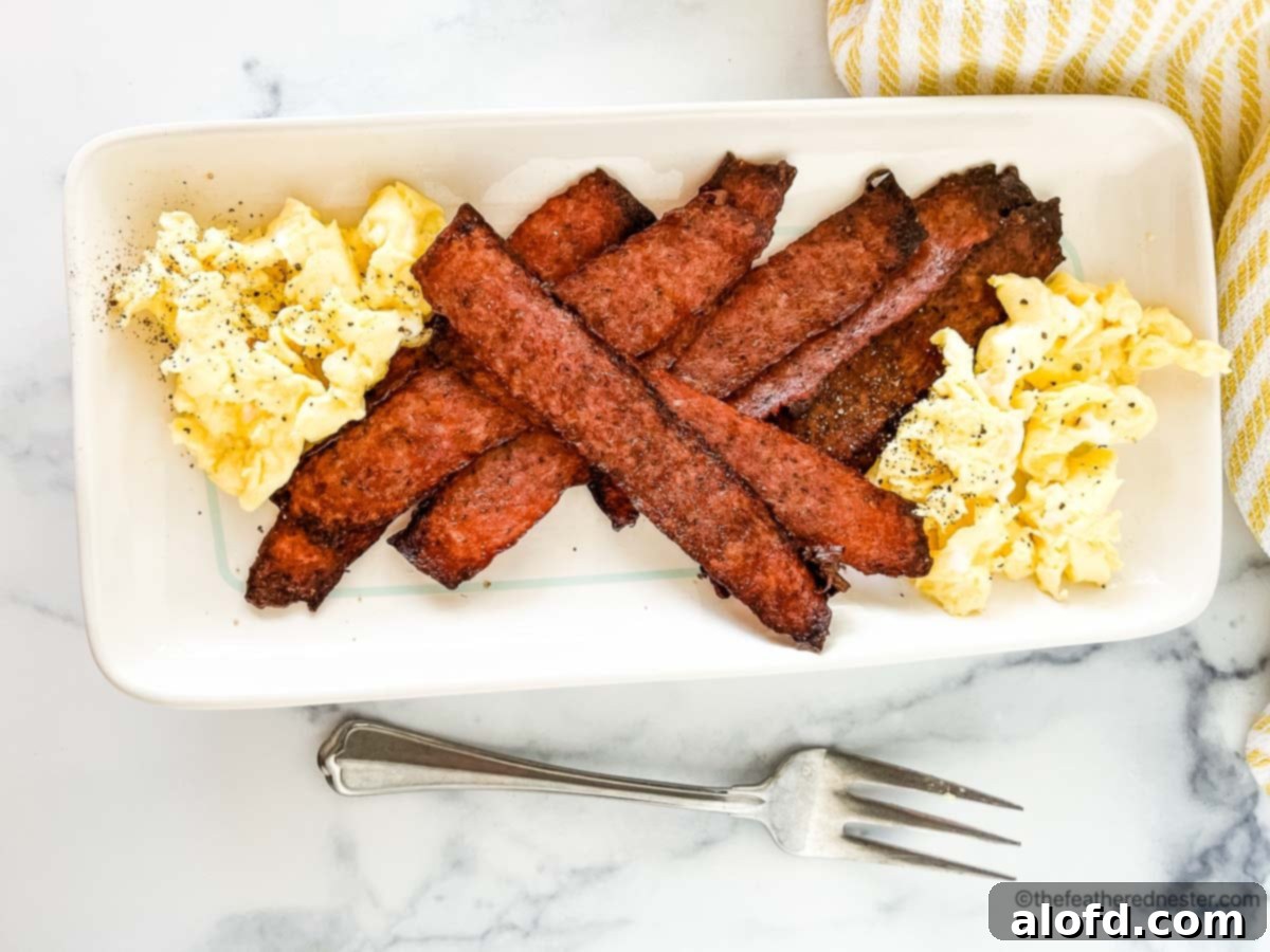 Crispy Oven Turkey Bacon 8 a white platter with scrambled eggs and turkey bacon.