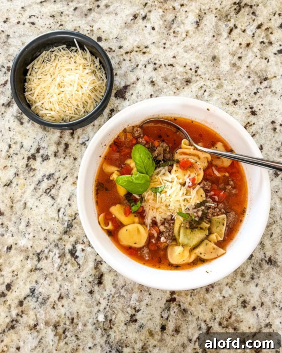 Instant Pot Creamy Tortellini Soup 2 A bowl of Instant Pot Tortellini Soup with a little bowl of shredded cheese at the side.