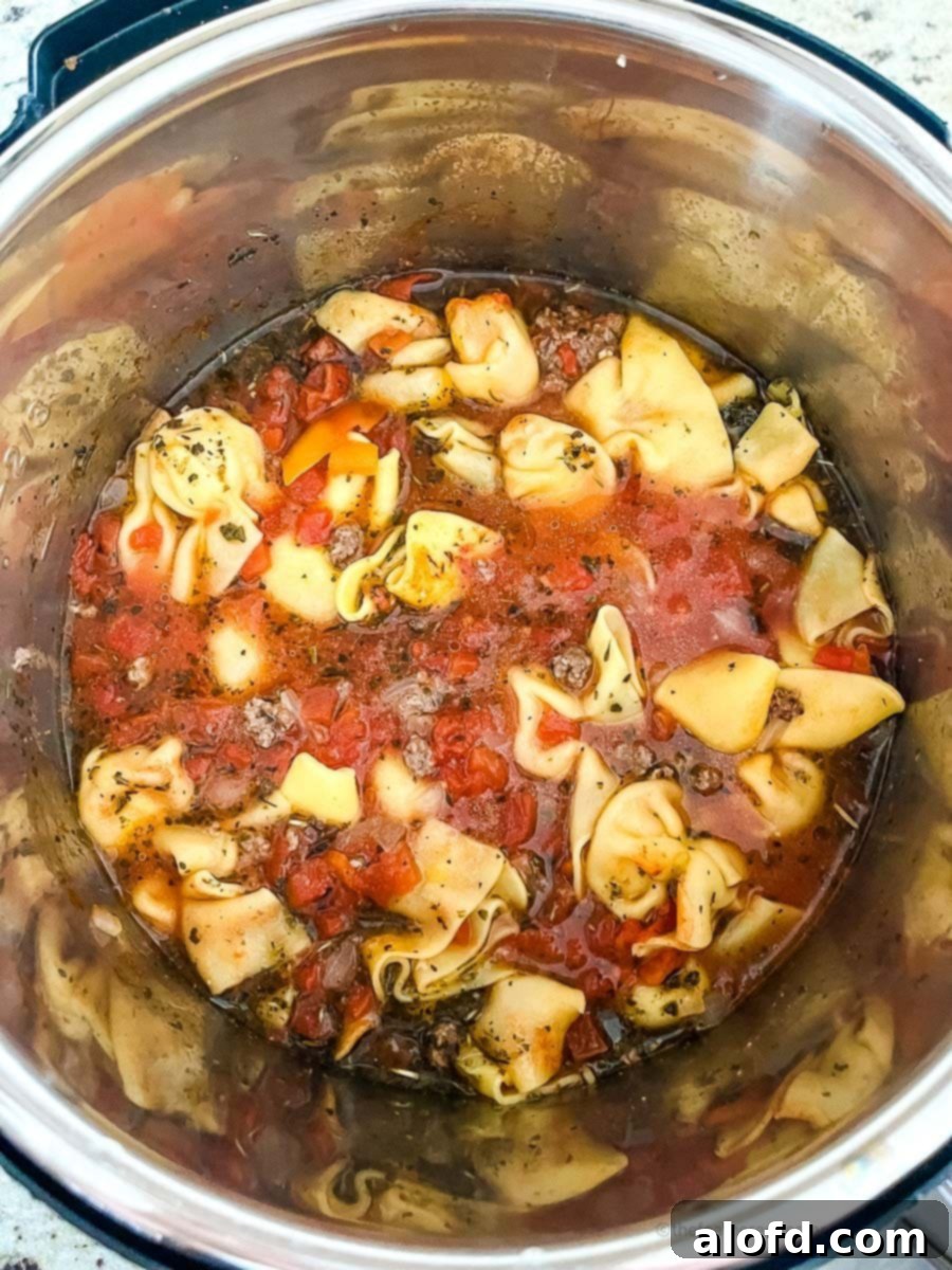 Instant Pot Creamy Tortellini Soup 8 Cooked Tortellini Soup inside the pressure cooker.