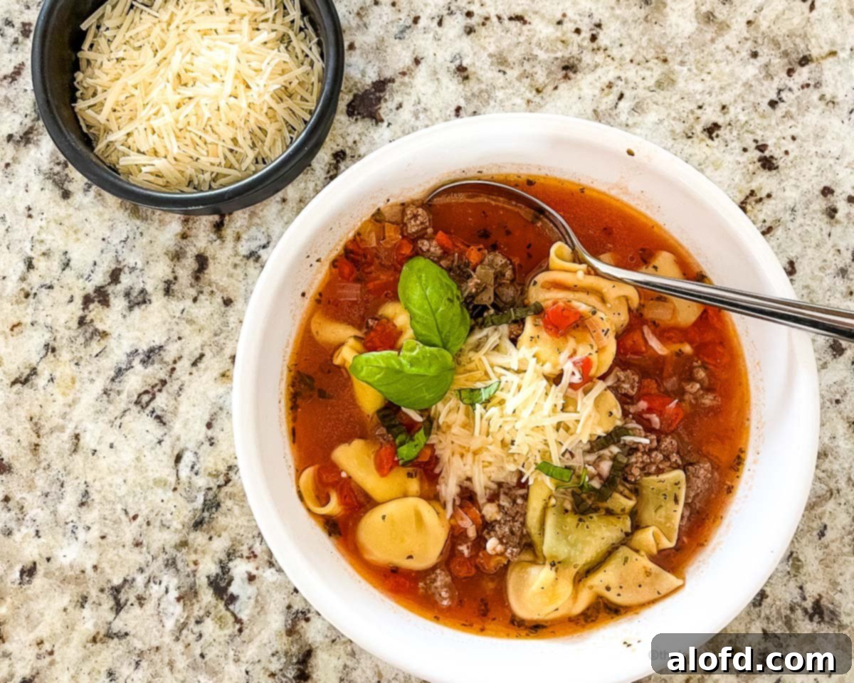 Instant Pot Creamy Tortellini Soup 10 Horizontal photo of a bowl of Instant Pot Tortellini Soup with a little bowl of shredded cheese at the side.