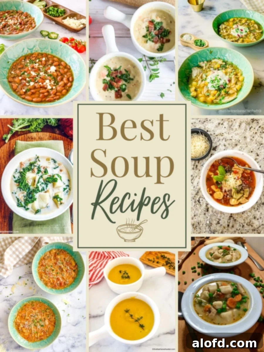 Cozy Soup Delights 2 A vibrant photo collage featuring diverse, easy-to-make soups, with the prominent text "Best Soup Recipes" at its center. Images include creamy chicken tortilla soup, hearty cheeseburger soup in bread bowls, rich clam chowder, and various bean soups, all emphasizing comfort and deliciousness.