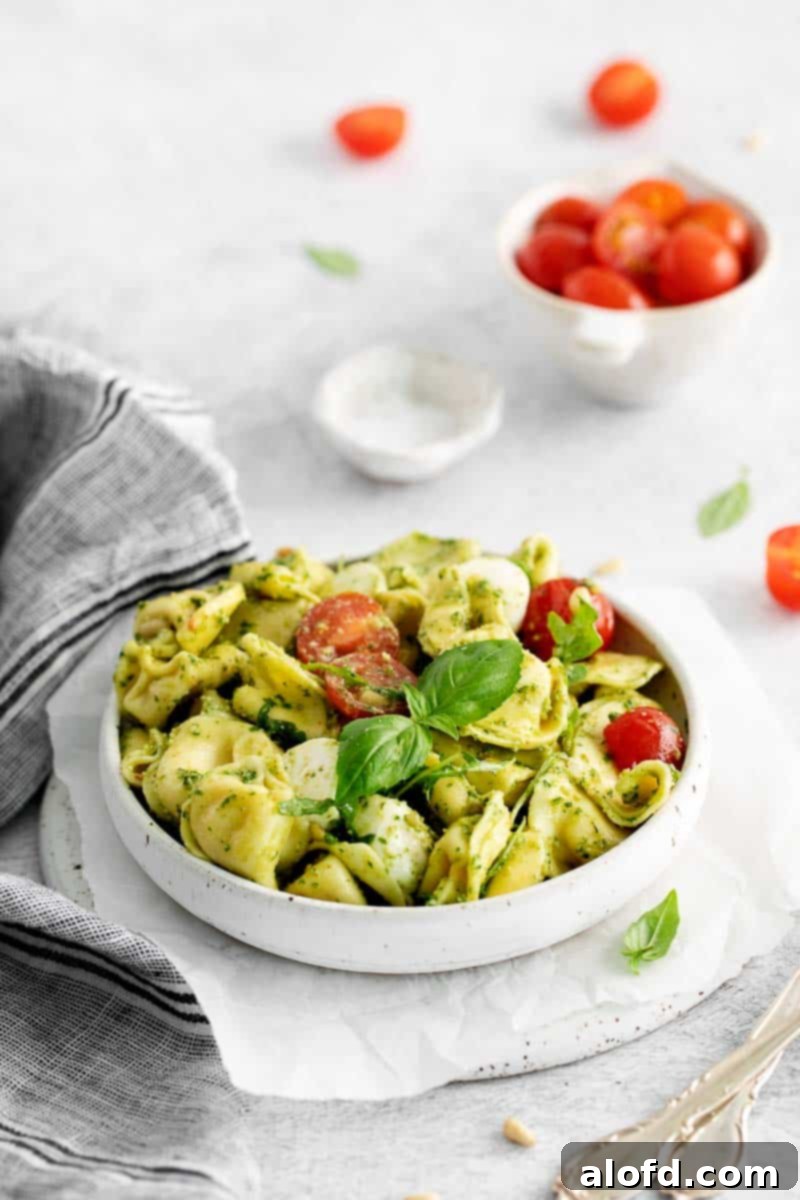 Pesto Tortellini Perfection 7 Plated serving of summer pasta dish with caprese ingredients of tomato, mozzarella pearls, and fresh basil.