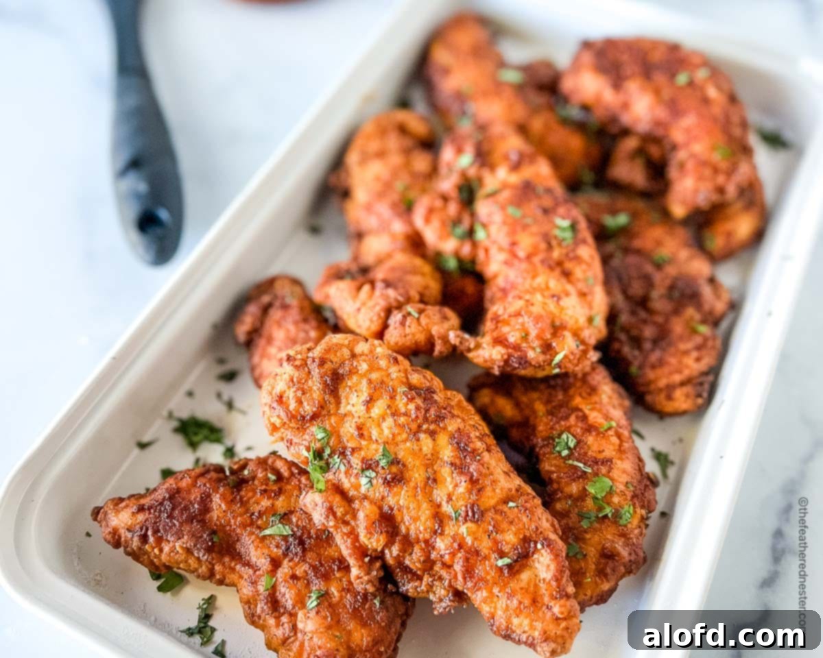 Fiery Nashville Chicken Strips 13 Fried chicken strips on a white serving platter.