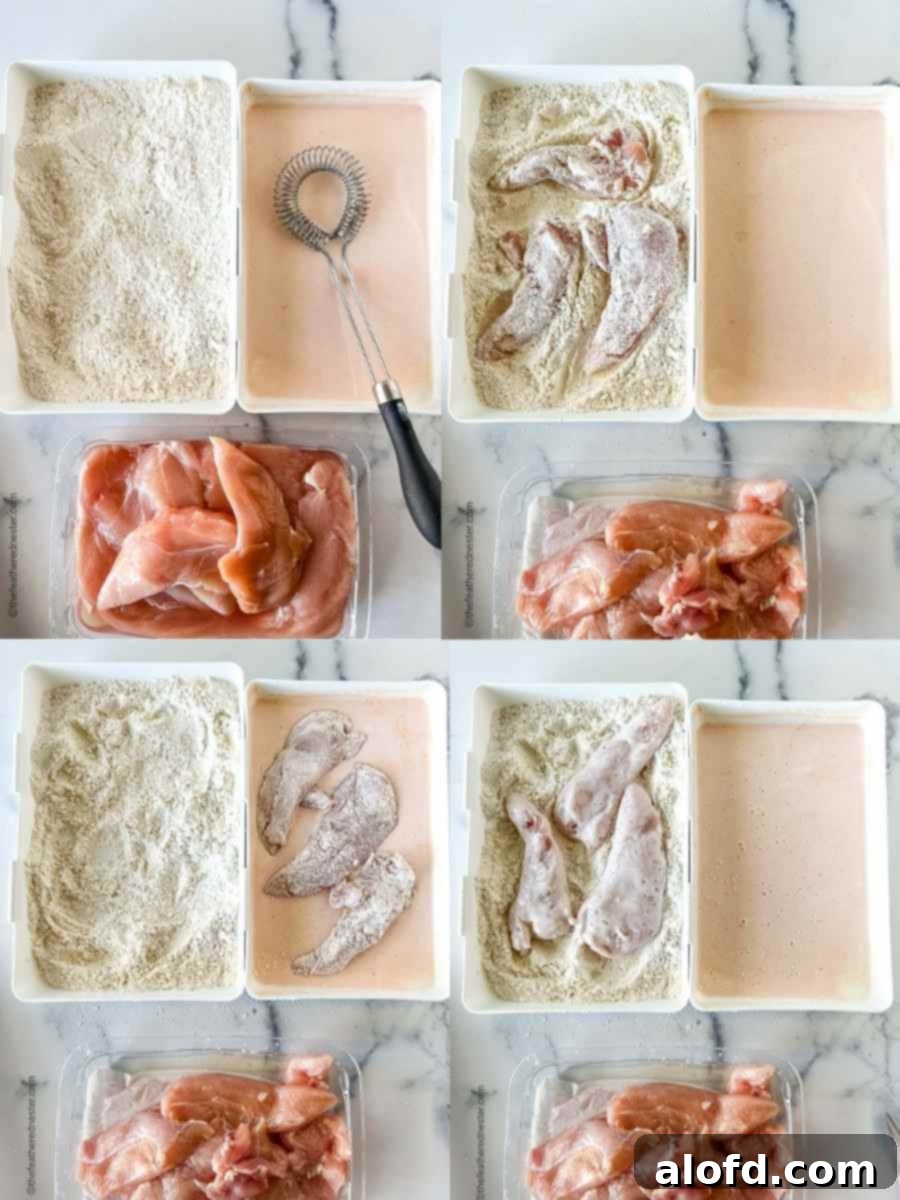 Fiery Nashville Chicken Strips 5 Preparing the tenders, from left going clockwise: the dipping tray of dry batter and a tray of wet batter and a tray of chicken, dipping the strips into the dry batter, dipping the tenders into the wet buttermilk batter, then dipping the chicken tenderloins into the dry flour batter before frying chicken tenders.