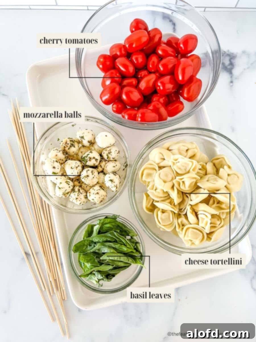 Caprese Tortellini Poppers 4 Labeled ingredient image for tortellini caprese skewers recipe.