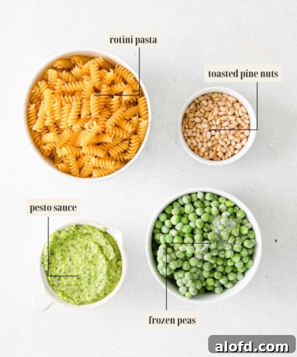 Spring Pea Pasta 5 Labeled ingredients image for a quick pasta and peas dish, ready for preparation.