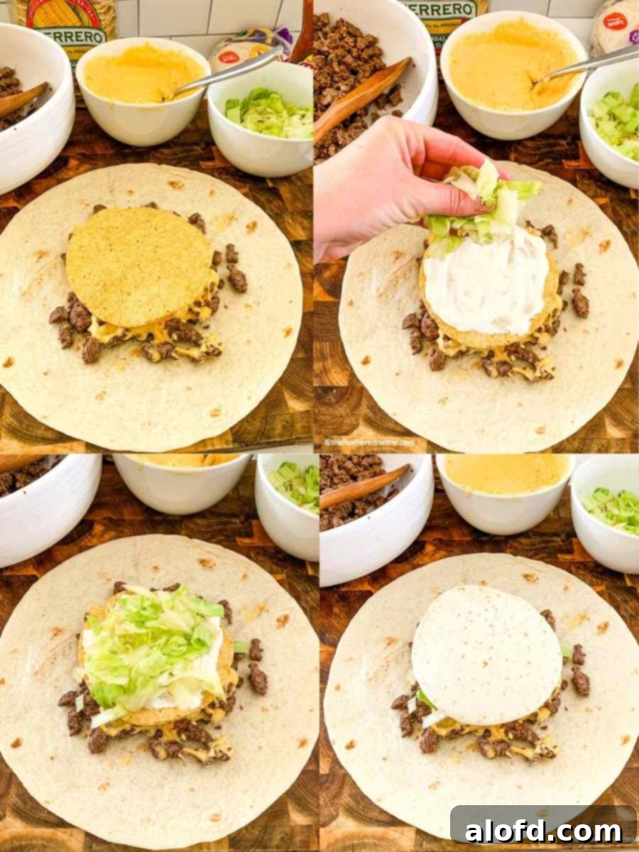 Blackstone's Ultimate Crunchwrap 6 A photo collage demonstrating the assembly of a crunchwrap. From left to right: The first photo shows a large tortilla with seasoned meat, cheese sauce, and a tostada shell. The second photo adds sour cream and shredded lettuce on top of the tostada. The final photo shows a small flour tortilla placed over the lettuce, ready for folding.