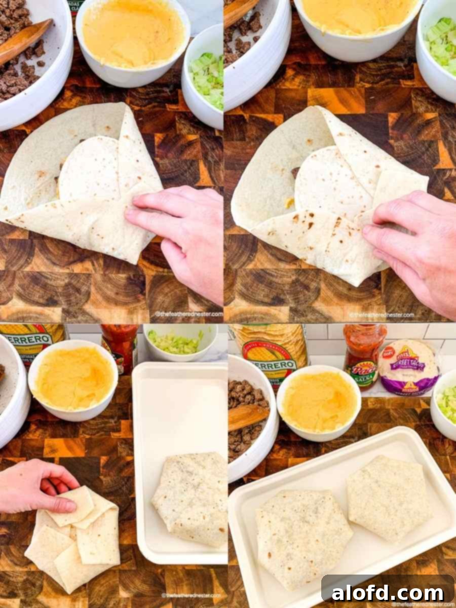Blackstone's Ultimate Crunchwrap 7 A photo collage illustrating the folding process of a Blackstone crunchwrap. The first image shows the initial fold of the large tortilla over the filling. The second image depicts the continued rolling and sealing of the tortilla. The third image shows the completed, neatly folded crunchwrap ready for cooking. The final image presents two finished crunchwraps on a white serving tray, with fresh ingredients blurred in the background, highlighting the successful outcome of the folding technique.