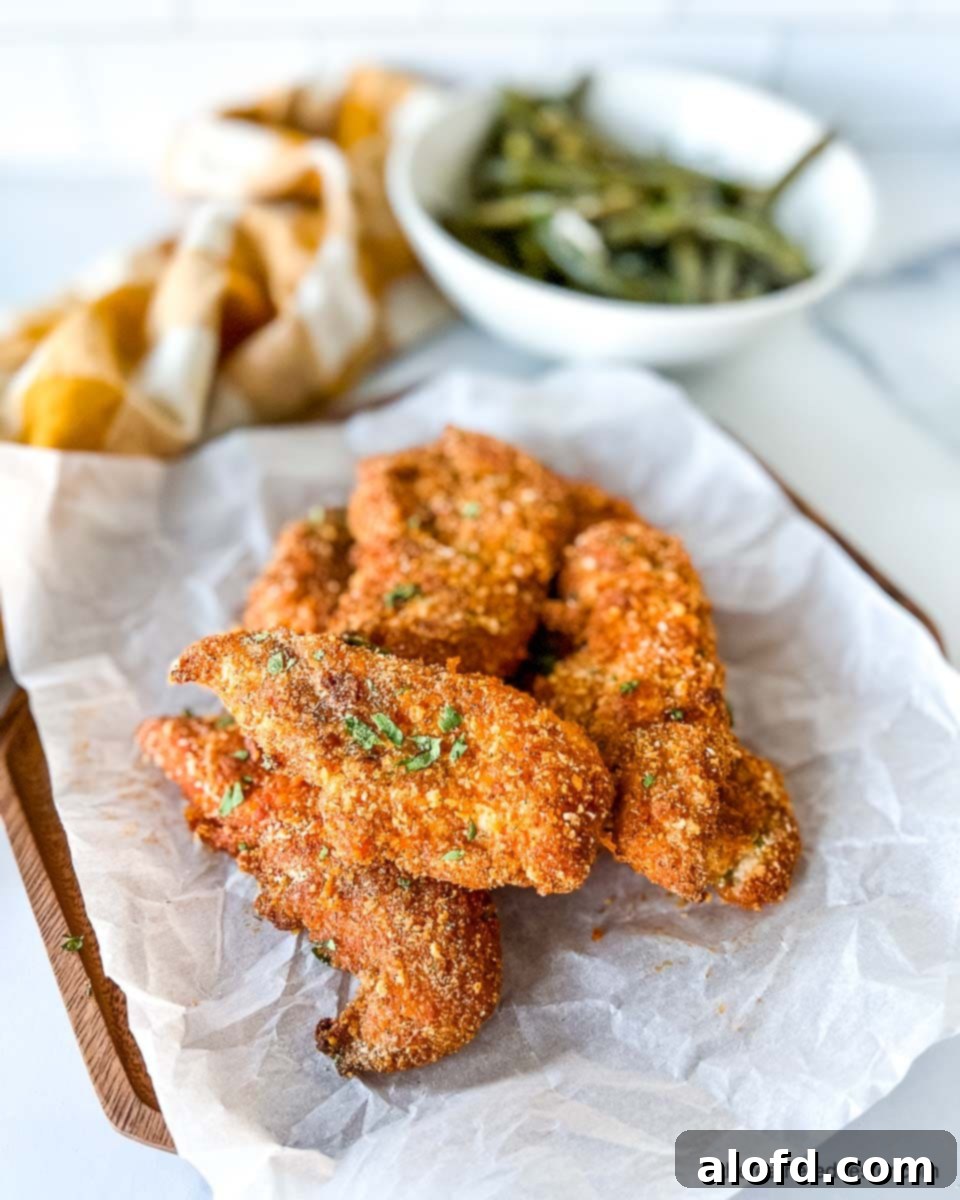 Pieces of crispy Shake and Bake chicken on parchment paper with bowl of green veggies and a yellow cloth in the background.
