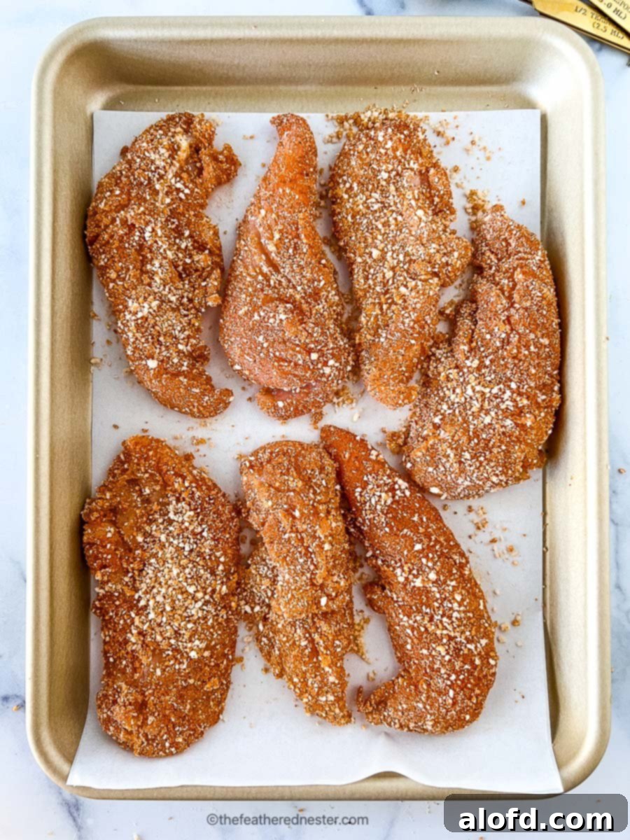 Large pieces of breaded poultry on baking sheet.