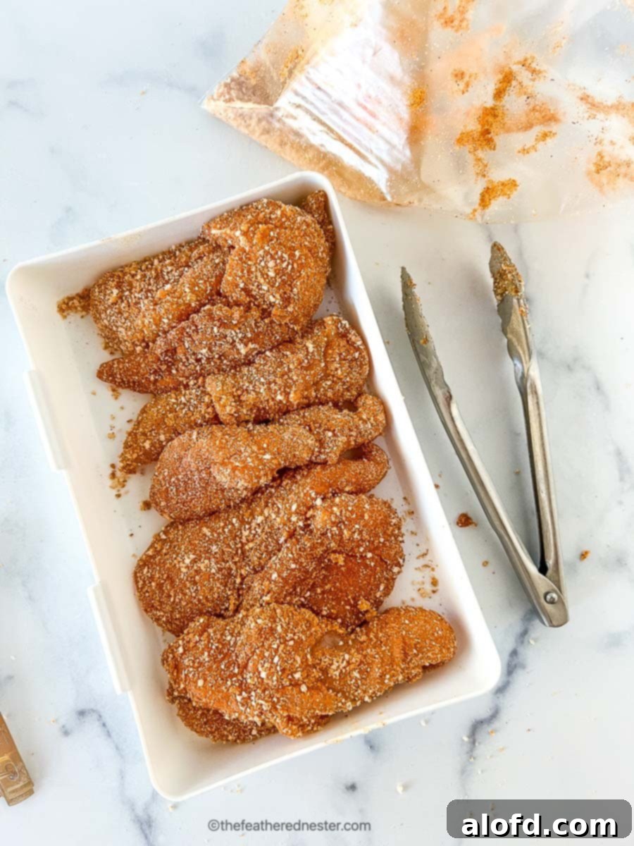 Chicken tenders coated with seasonings on a casserole with tongs at the side.