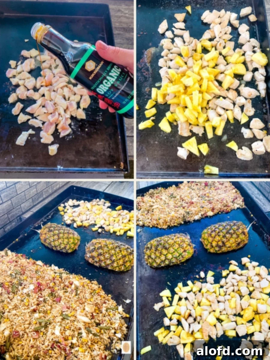 A four-image collage showing the cooking process: adding soy sauce to fried rice, pineapple chicken on a hibachi grill, and cooking fried rice and a pineapple bowl on a Blackstone griddle.