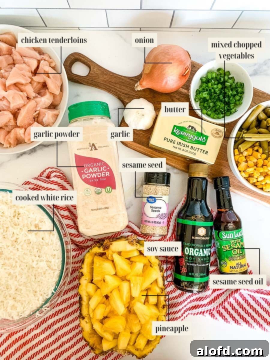 Individual bowls holding various ingredients for a Hawaiian chicken recipe, including pineapple, bacon, and vegetables.
