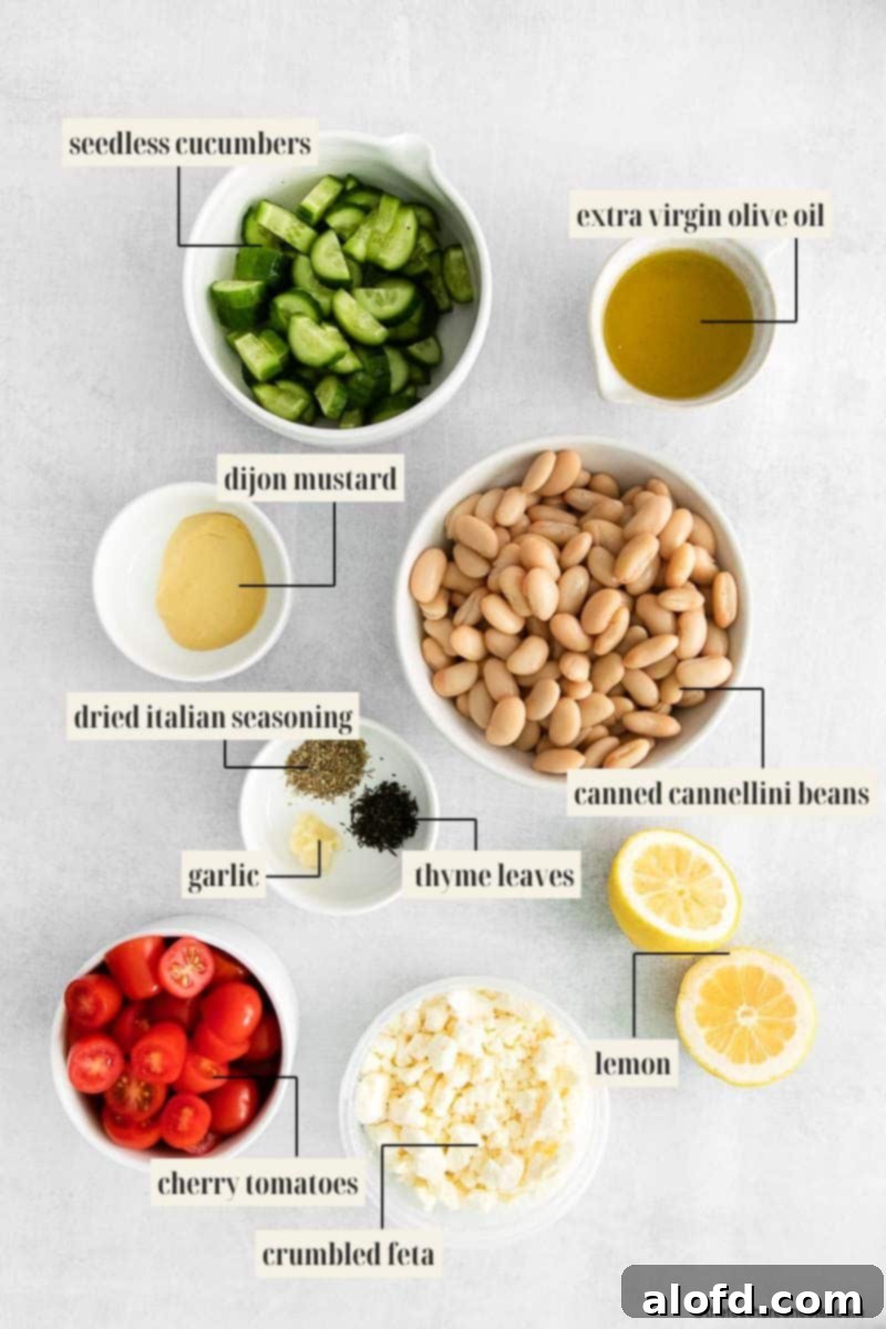 Vibrant Italian Bean Medley 5 A flat lay image displaying all the individual ingredients for Italian bean salad, neatly labeled.