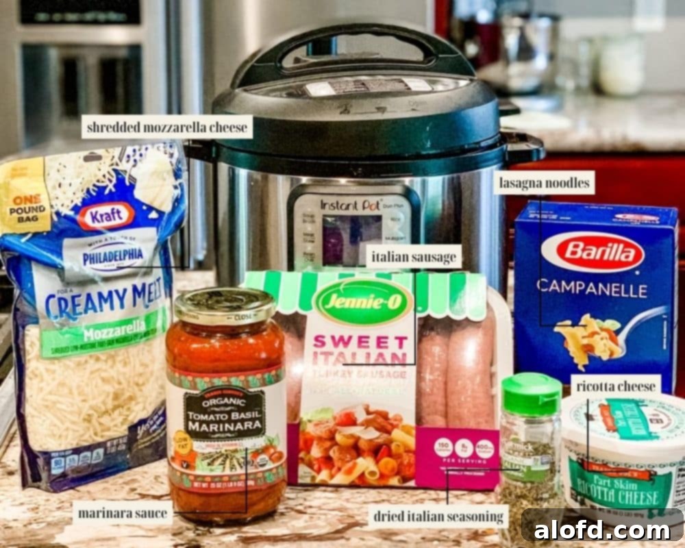 Effortless Instant Pot Lasagna 4 Labeled ingredients image for Instant Pot lazy lasagna, showing ground meat, pasta, sauce, and cheeses.