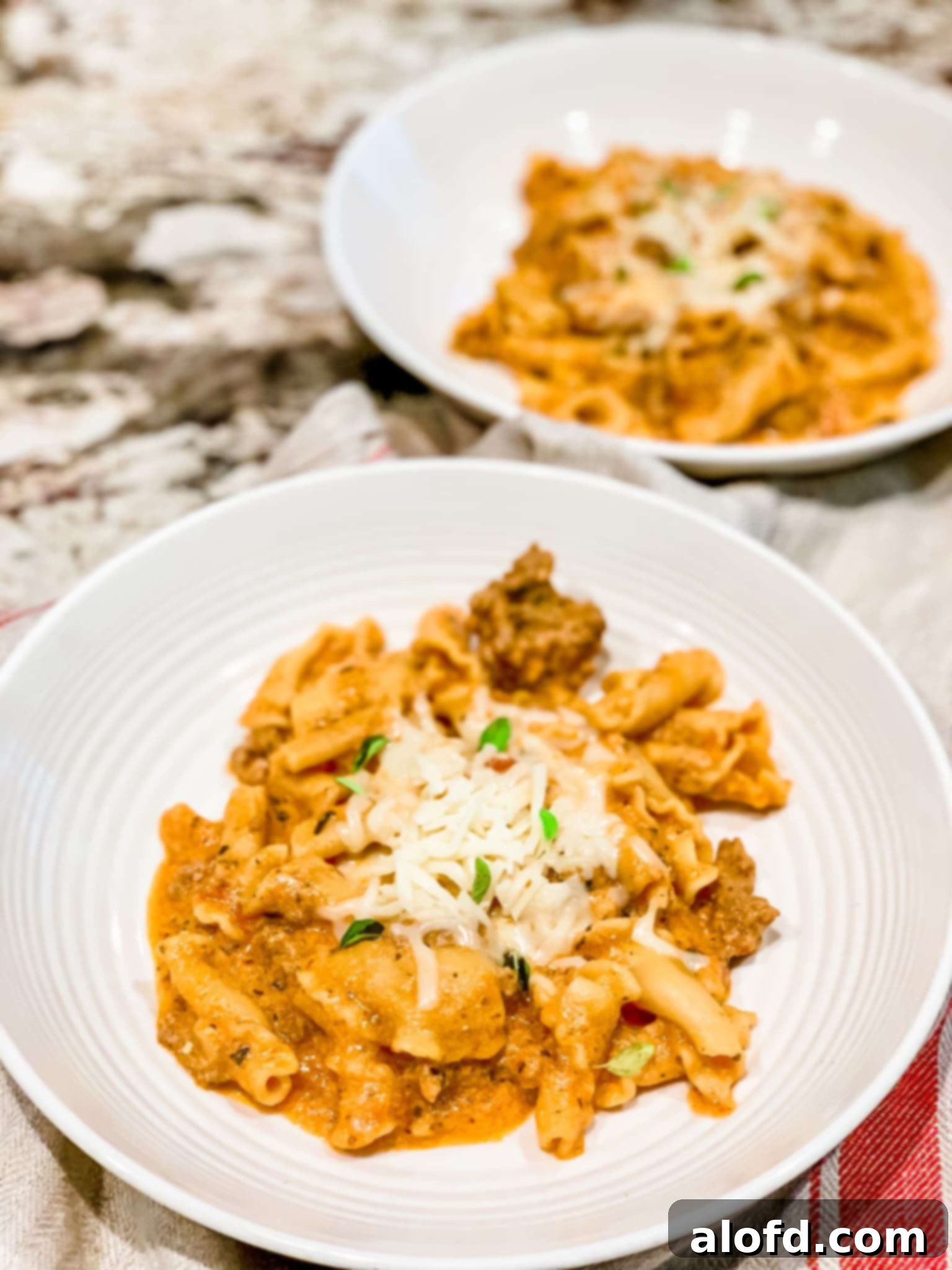 Effortless Instant Pot Lasagna 5 Two bowls of Instant Pot lazy lasagna, garnished with fresh basil, ready to be enjoyed as a quick and easy Italian comfort meal.
