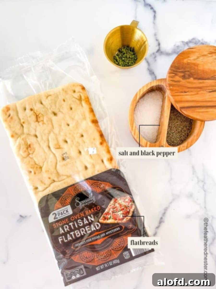 Classic Margherita Flatbread 3 Labeled ingredient image for flatbread pizza margherita recipe, showing fresh basil, mozzarella, grape tomatoes, pesto, olive oil, and flatbreads.