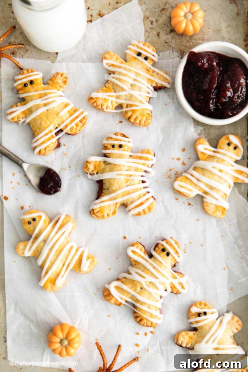 Halloween hand pie on top of a parchment paper with another mummy hand pies, glass of milk, a spoon and bowl of berry jam beside it.
