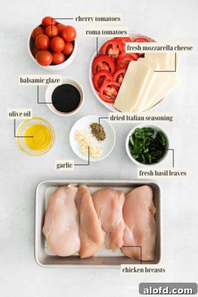 One Pan Caprese Chicken 5 Labeled ingredient image for baked chicken recipe.