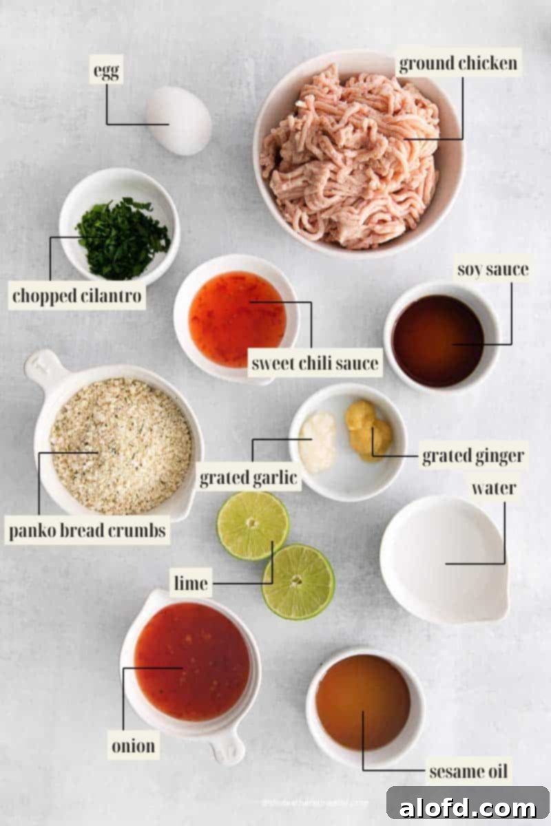 Labeled image showing all the fresh ingredients needed for Sweet Chili Meatballs recipe, including ground chicken, cilantro, garlic, ginger, eggs, and sweet chili sauce.