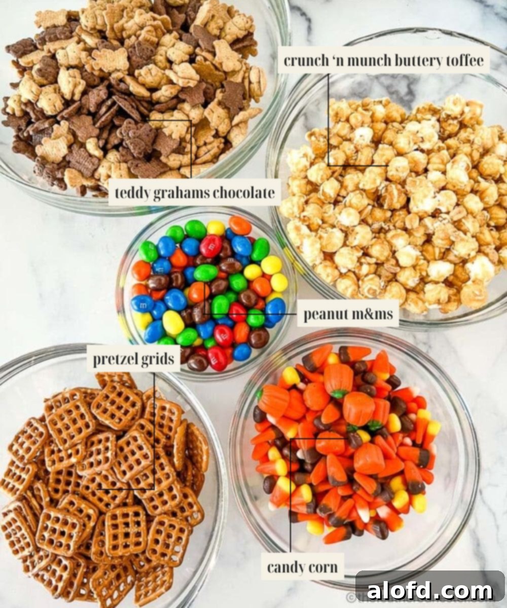 Monster Munch Mix 4 A vibrant, labeled image showcasing all the individual ingredients for the Halloween snack mix recipe laid out neatly.