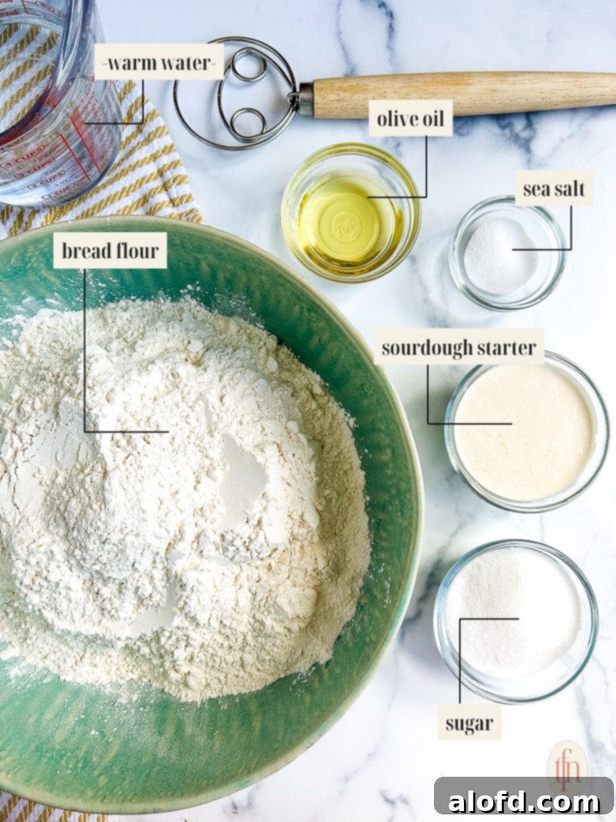 Rustic Sourdough Buns 4 Labeled ingredient image for sourdough dinner roll recipe.
