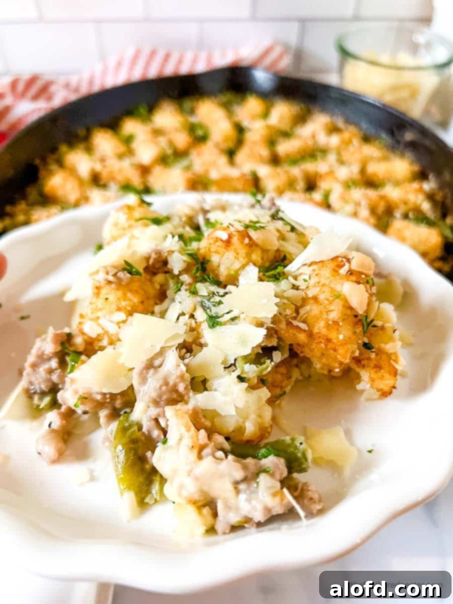 Savory Turkey Tater Bake 3 a white plate with a serving of turkey tater tots with skillet, red striped cloth, and a jar of shredded cheese in the background.