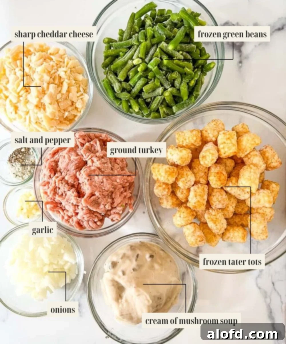 Savory Turkey Tater Bake 4 Labeled ingredient image for tater tot turkey casserole recipe.