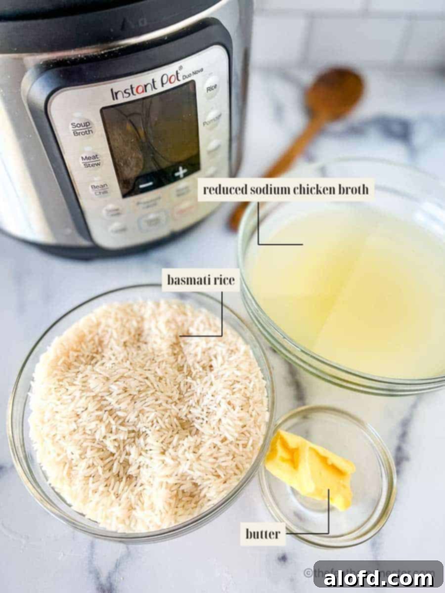 Perfect Instant Pot Basmati Rice 3 Labeled ingredients for basmati rice recipe.