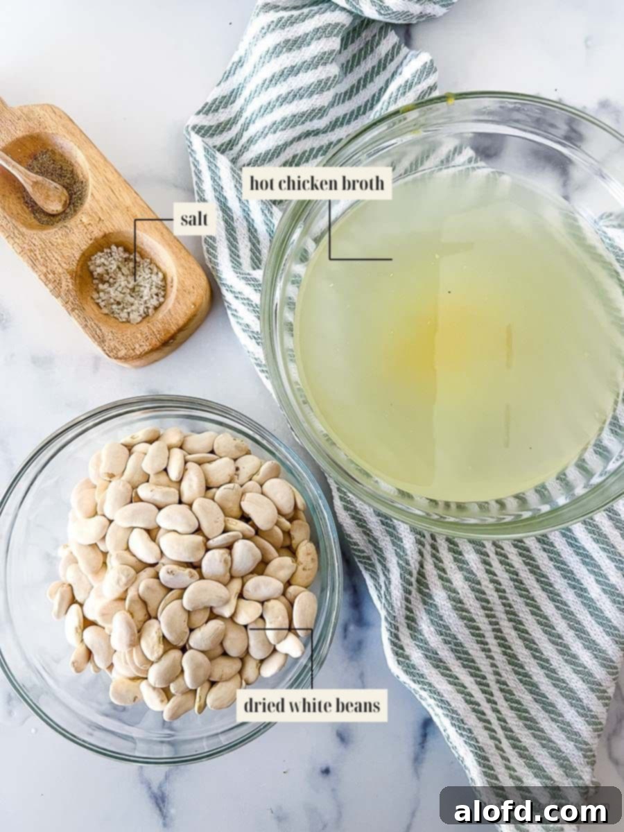 Perfectly Tender Instant Pot Cannellini Beans 4 A collage of ingredients for Instant Pot white beans, featuring dried cannellini beans, a salt shaker, a cup of hot water, and a carton of chicken broth, neatly arranged on a rustic surface.