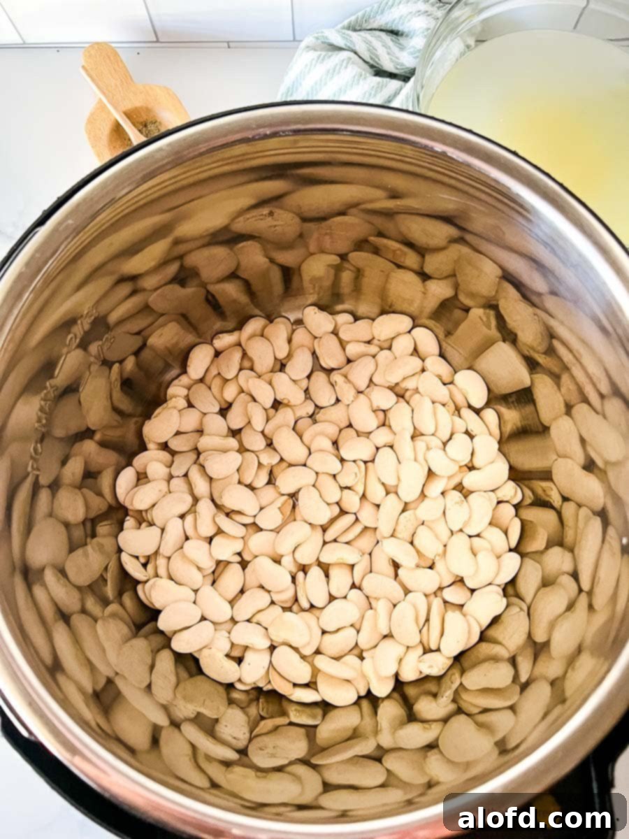 Perfectly Tender Instant Pot Cannellini Beans 5 Dried white beans nestled in the Instant Pot liner, covered with water and ready for pressure cooking. The scene depicts the initial setup phase of the recipe.