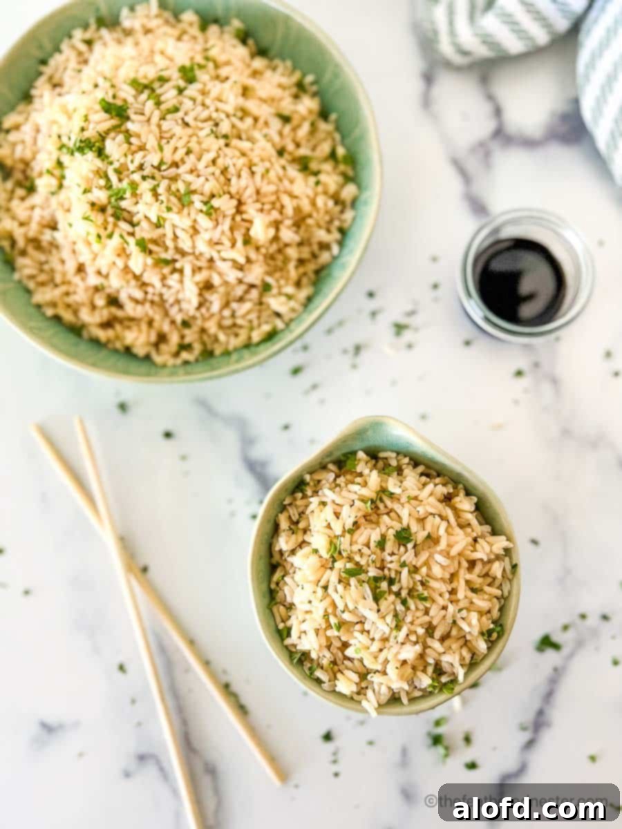 Fluffy Instant Pot Brown Basmati Rice 2 Two bowls of perfectly cooked, fluffy brown basmati rice made in an Instant Pot, garnished for serving.