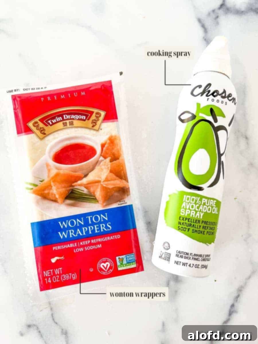 Crispy Baked Wonton Delights 4 Labeled ingredient image for wonton cup recipe, showing wonton wrappers and cooking spray.